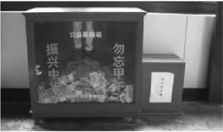 図 9　… （左）韓国の鎭海の日本海海戦記念塔の除幕式写真（1929 年 5 月 28 日、『釜山日報』より）。現在この塔は撤去され て代わりに 9 階建ての鎭海塔が建てられている。（右）中 国の旅順の白玉山の表忠塔（筆者撮影）。この「白玉山塔」 は 1909 年に建設され、現在は一般公開されている 図 8　…中国甲午戦争博物館の募金箱。〝勿忘國恥〟 〝振興中華〟と書かれている（筆者撮影）