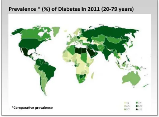 図 1. 2011年、世界的糖尿病発症率（％）（20-79歳） [9] 。  