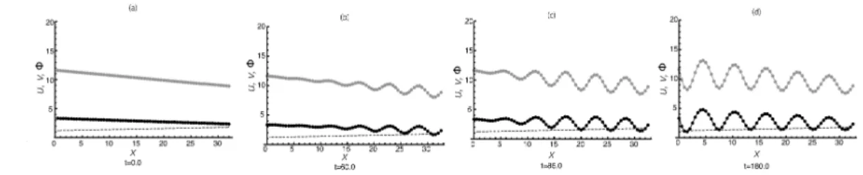 図 2: 式 (1),(2) そして， (6) $-(8)$ を $z$ 軸方向の 1 次元系に区切ったモデルの時間発展の様子．ただし，