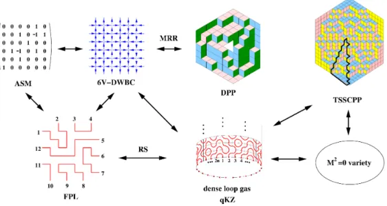 Figure 3: From left to right: ASM, $6V$ -DWBC and FPL, all in bijection; dense loop gas (DPL): its ground- ground-state/limiting probability vector satisfies the $qKZ$ equation, the components measure FPL correlations (RS  con-jecture), their sum matches t
