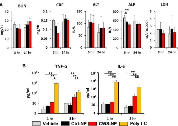 Figure  2-8-2  CWS-NP 全身投与による毒性評価（生化学検査・炎症性サイトカイン産生） （A）CWS-NP