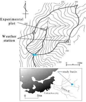 Fig. 1 Location and topography of the Ochozu experimental watershed.