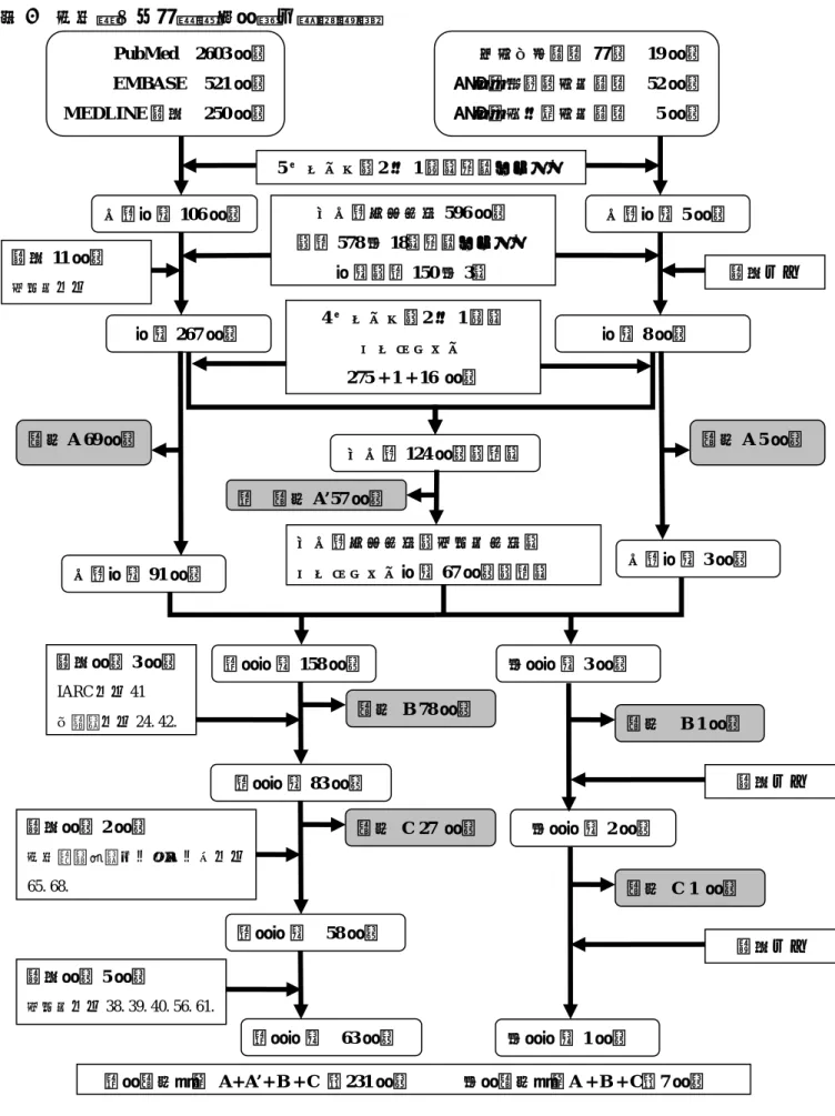 図 6  子宮頸がん検診評価文献の選択過程                            5 グループ（2 人 1 組）抄録チェック  一致採用 106 文献  不一致例再判定 596 文献  一致採用 5 文献  （英 578 和 18）抄録チェック  採用（英 150 和 3）  4 グループ（2 人 1 組）  フルレビュー  275 + 1 + 16  文献  英文採用 158 文献 和文採用 3 文献  和文採用 1 文献 英文採用  58 文献 一致採用 91 文献  一致採用 3 文献