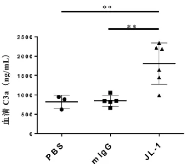 Figure 11. PBS 群、mIgG 群および JL-1 群における血清 C3a 値 
