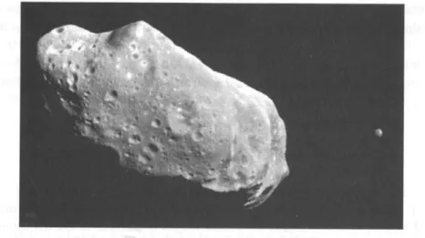 図 2.6: 小惑星 Ida とその衛星 Dactyl(Galileo 探査機にて撮影,NASA,1993).Ida の大きさ はおよそ,56 × 24 × 21km. Dactyl は約 1.4 × 1.4 × 1.4km.