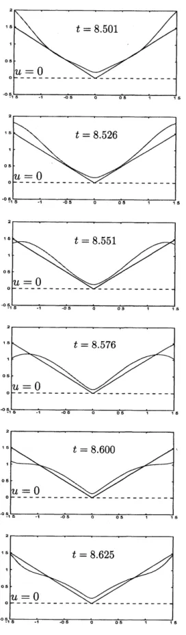 Figure 6: 例 5 の数値例．分離しない数値 Figure 7: 例 6 の数値例．併合しない数値 サポートの挙動．但し $m=1.5,$ $p=0.5$ , サポートの挙動，但し $m=1.5,$ $p=0.5,$