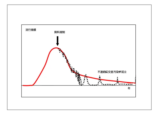 図 ２   交 差 汚 染 の 流 行 形 態 （ イ メ ー ジ 図 ）   不 連 続 ・ 不 均 一 な 散 発 的 流 行 に 入 っ た 場 合 に は 、 汚 染 頻 度 （ ％ ） と 汚 染 量 （ ％ ） の 積   が 100 で あ る と き は 、 平 均 潜 伏 期 を 経 て 流 行 が 繰 り 返 さ れ 、 こ の と き 流 行 規 模 は 変 化 し な い 。 汚 染 量 ・ 汚 染 頻 度 が 減 れ ば 流 行 規 模 は 縮 小 す る 。   年流行規模飼料規
