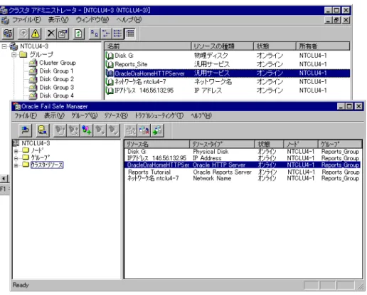 図 2-4 に、Oracle Fail Safe Manager でのリソース・タイプの表示方法を示します。Oracle  HTTP Server のリソース・タイプは、Oracle Fail Safe Manager では Oracle HTTP Server と して表示され、MSCS クラスタ アドミニストレータでは汎用サービスとして表示されるため 注意してください。