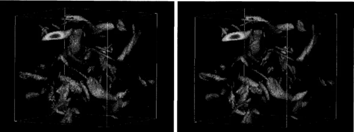 Figure 18: Comparison of iso-surface visualizations of vortical structures using $Q$ with the level $Q/Q_{rms}=2.5$ (left: Run $L$ , right: Run H) at $t=3.5$ .