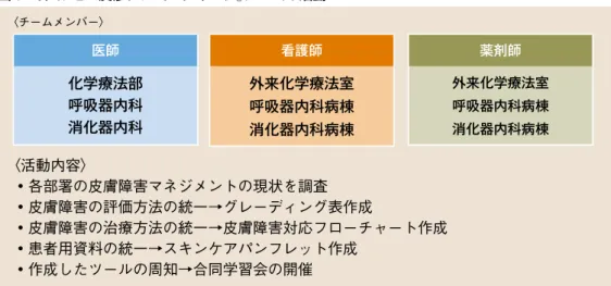 図 2  タルセバ ® ・イレッサ ® 皮膚障害対応フローチャート 【導入時の予防】導入時の予防に関しては省略可 例）ヒルドイド ® ローション 0.3% 50g 1 本 全身に塗布 1 日 2 回 症状不変の場合→治療の継続 症状改善の場合→ステロイドのランクダウンを検討 グレード 3 or 皮膚障害悪化の場合→皮膚科コンサルト 【爪囲炎】 テーピング指導【皮膚障害発現時】下記フローチャートを参考に対応するただし水疱形成・粘膜疹を伴う皮膚障害 or 医療スタッフが判断に迷う症例は早期に皮膚科へコンサルトを