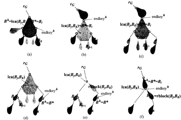 Figure 4: Illustration for the six subcases of the case where the tip-block $B_{K}=B^{p}$ has the competitor