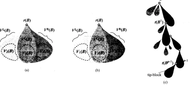 Figure 1: (a), (b) Two left $/right$ -assignments of $V^{R}(B)$ and $V^{L}(B)$ to $V_{2}(B)$ and $V_{3}(B)$ of a symmetric block $B;(c)$ Spine $B^{1},$ $B^{2},$ $\ldots,$