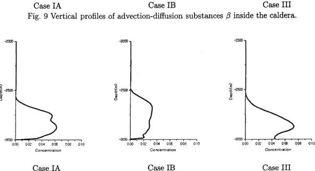 Fig. 9 Vertical profiles of advection-diffusion substances $\beta$ inside the caldera.