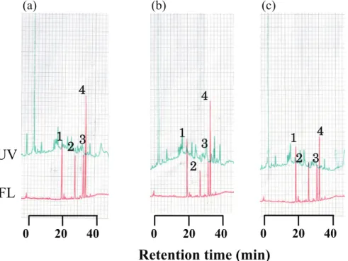 Figure 1. Typical HPLC profile of the fluorescent products generated from four substrates by  (a) wild type, (b) mutant 1 (L5P, G57R, N83Y), and (c) mutant 2 (L5P, G57R, G68R)