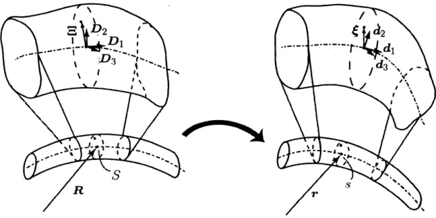 Figure 2: Illustration of the reference and current configurations of the Cosserat rod.