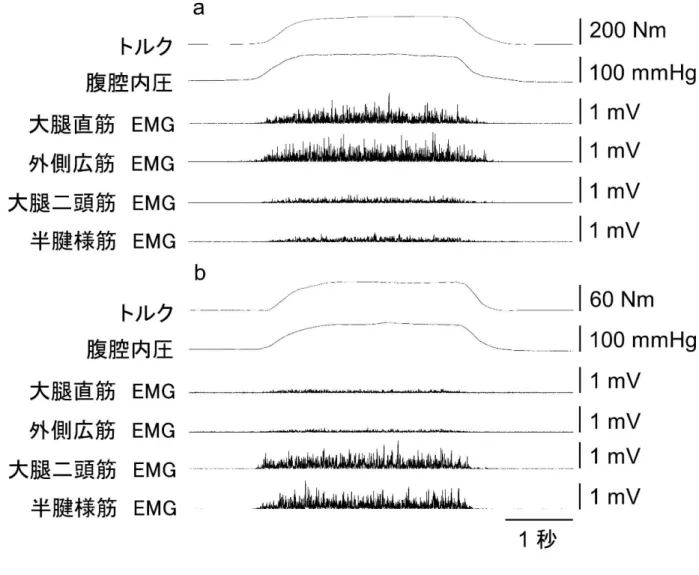 図 1-3． 膝関節伸 展（a）と屈 曲（b） 筋力 発揮 時のト ルク ，腹 腔内圧 ，        および 筋電 図（electromyogram：EMG）の データ 典型 例．  