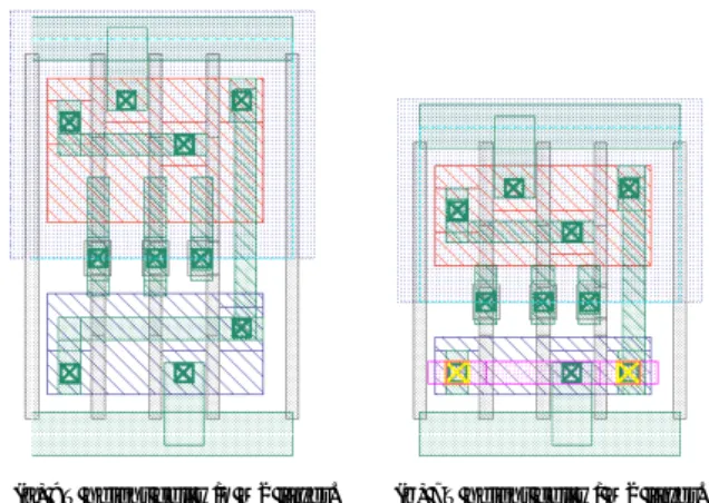 図 5: 生成した AOI セル．(a) 9T セル．メタル 1 層のみで 配線．(b) 7T セル．メタル 1 層，2 層を利用し配線． である利点がある．一方で生成するセルハイトによって使 用可能な配線トラック数が変化するため，様々な配線トラッ ク数を考慮したシンボリックレイアウトの準備が必要であっ た．本システムでは生成対象のセル内部の配線トラック数 に応じて配線層を自動選択可能にする事で，同一のシンボ リックレイアウトから使用する配線層の異なるマスクレイ アウトの生成を可能にした． 今後の課題は，プ