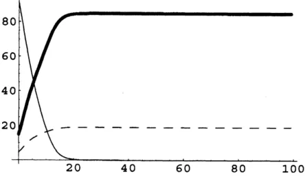 図 4: $\gamma$ を 1.0, 感染確率を 1.0, 回復確率を 0.3 とした獲得免疫の忘却を考慮し , 再感染確率が回復からの時間経過に従っ
