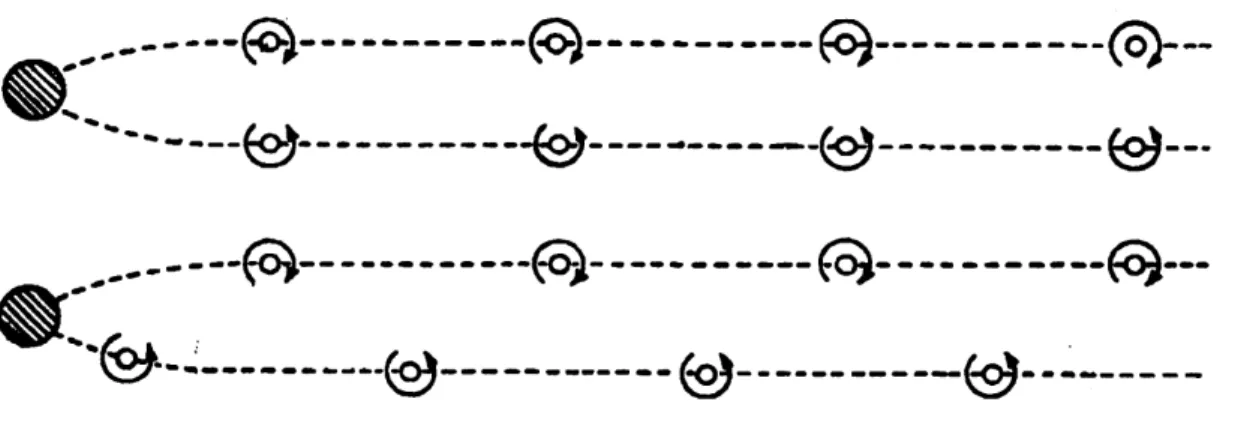 Figure 7: Schematic of a symmetric and a staggeoed vortex street downstream of a bluff body