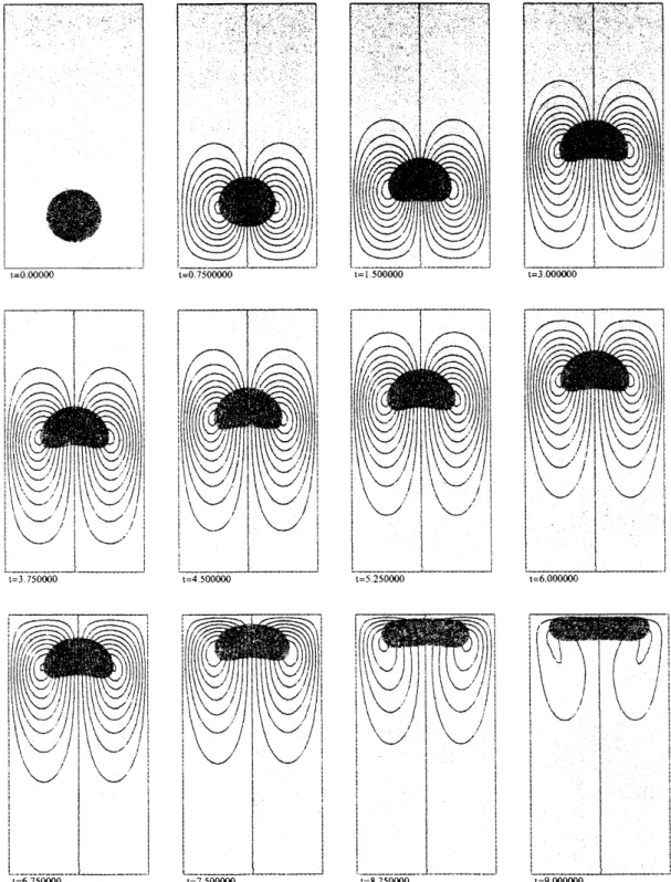 図 1: 領域 $\Omega_{1h}(t)$ と時刻 $t=0.0,$ $.0.75,$ $\cdots,$ $9.0$ での流線