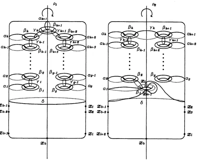 Figure 2: The embeddings of the surface $\Sigma_{g,b}$ in Euclidian space used to define the involutions $\rho_{1}$ and $\rho 2$ .