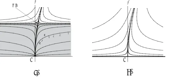 図 5: 場の理論（ρ eﬀ ）として可能な領域．(a) ϕ 4 3 型の ﬂow では Gaussian ﬁxed point からの湧き出しを利用して，