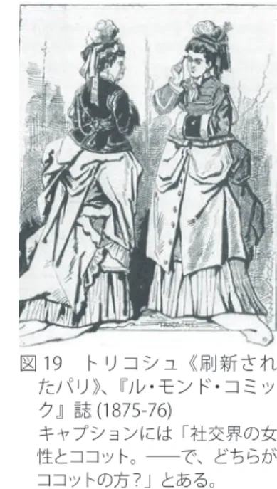図 19　トリコシュ《刷新され 　たパリ》、『ル・モンド・コミッ 　ク』誌 (1875-76)  　キャプションには「社交界の女 　性とココット。――で、どちらが 　ココットの方？」とある。