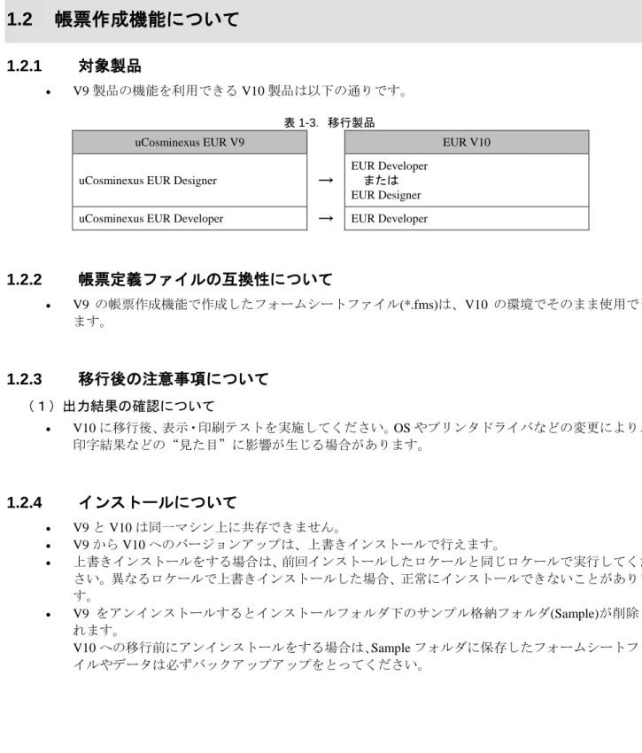表 1-3．移行製品 