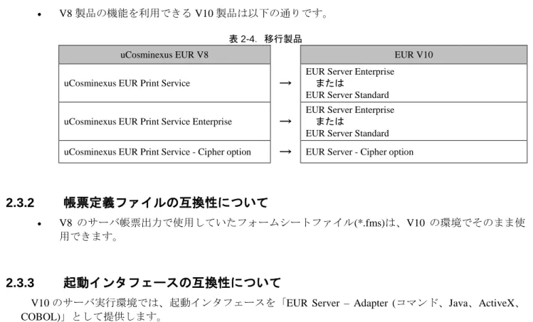 表 2-4．移行製品 