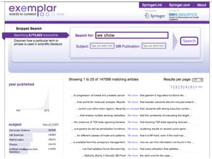 図 8: exemplar : “we show” を含む用例とジャーナルの情報 体的な語句を入力して用例を検索することができるだけでなく、文型（動詞、名 詞、受動態などの文法区分）やテーマ（不変化詞の機能をまとめた意味的な区分） から用例を検索することが可能である。複数の言語情報から用例へアクセスでき るインタフェースが、ユーザーの気づきの促進や自発的な学習を進める原動力に つながると考えている。 綱島ら [14] は、用例の語彙レベルと学習者の語彙レベルを比較してポイント付 けし、ポイントの高い順に用例