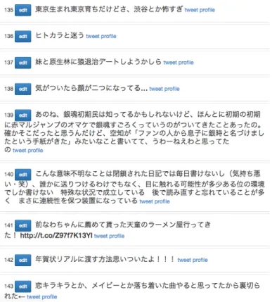 図 2: ツイート一覧表示画面 左のペインで以上の操作を行うと，右のペインに図 4 の画面が表示される．画 面上部のボタンはタグの一覧を表している．また，その下には備考欄を設けてあ り，アノテート時に備考として別途記述すべき内容があれば，ここに書き記す． さらにその下には， 「東京」という文字列で地名・施設名辞書を検索した結果を表 示している．なおここで，検索の際に内部で ElasticSearch 6 を用いることで，検 索結果出力の高速化を図っている．アノテーターは，この検索結果中に付与すべ きエンティ