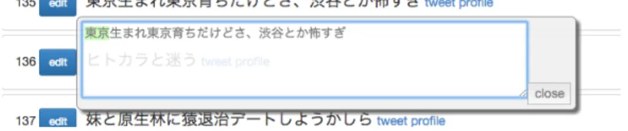 図 3: ポップアップ表示内のタグ・エンティティ付与対象文字列の選択 備考欄にそのエンティティを選択した手がかりを記入する．最後に，画面上部か ら適切なタグのボタンを押すことにより，左のペインのポップアップウィンドウ で選択した範囲の文字列に対して，タグと具体的なエンティティが付与される． 4.7 アノテート時の留意点に関する検討 コーパスを作成する前に，アノテーションのガイドラインを明確にする必要が ある．そこでガイドライン策定のために， 2 名のアノテーターで独立に 200 件の ツイートをアノテートし