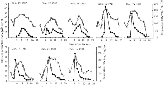 Fig.  3  Changes  in  respiration  and  ethylene  production  of  fruit  of  cv •eFuerte•f  harvested  from  October
