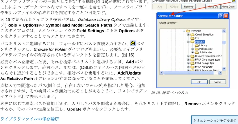図 15 で見られるライブラリ検索パスは、Database Library Options ダイアロ グ(Tools » Options)の Symbol and Model Search Paths タブで定義します。 このダイアログは、メインウィンドウの Field Settings にある Options ボタ ンをクリックすることでもアクセスできます。 