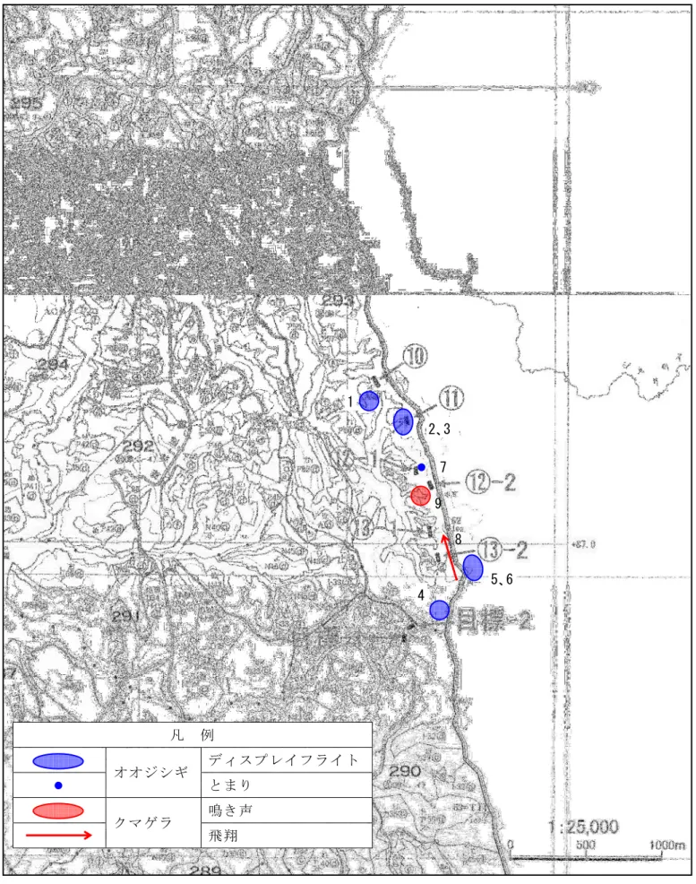 図 2-2-3  指定等鳥類確認位置図 1 2､3 7  5､6 8 9 凡  例 オオジシギ ディスプレイフライト とまり クマゲラ 鳴き声 飛翔 4 