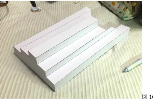 図 10.   オリジナル③ これらはだまし絵立体の一種であり、両目で見たときや少しでも視点がずれて いるときには錯視は起こらない。また、光の当たり方次第では、単眼立体視に よって影から実際の面の向きや奥行きを推測できて錯視が起こりにくくなって しまうため、なるべくどの面にも均一に光を当てた状態で立体を見ることが望 ましい。 4.2 GLSC ３ D    紙工作による立体では、視点を固定することや均一に光を当てることが容易 でないため、オリジナル立体①と②について、 GLSC3D で同じ立体を描画した。 