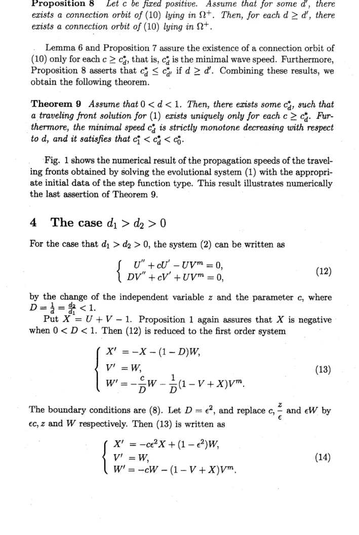 Fig. 1 shows the numerical result of the propagation speeds of the travel- travel-ing fronts obtained by solving the evolutional system (1) with the  appropri-ate initial data of the st $e\mathrm{p}$ function type