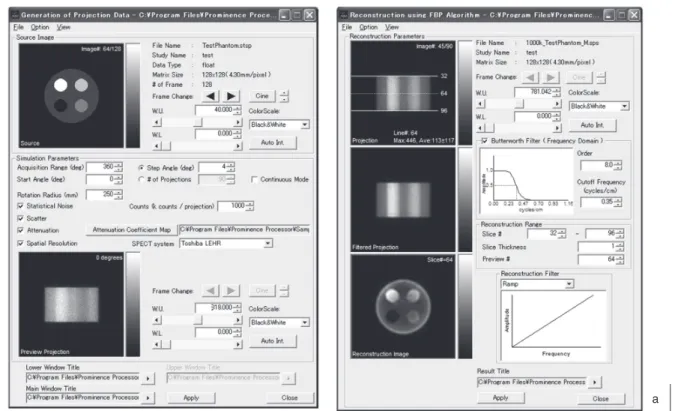 Fig. 5  Screen images of Generation of projection data for the numerical phantom (a) and  reconstruction of the numerical phantom (b).