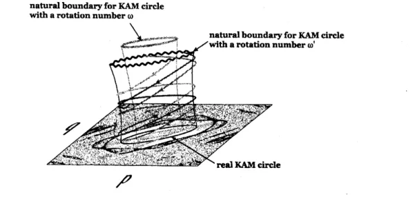 Figure 8: Natural boundaries of KAM circles (schematic). The complex orbits which describe tunneling processes are also inserted in the figure