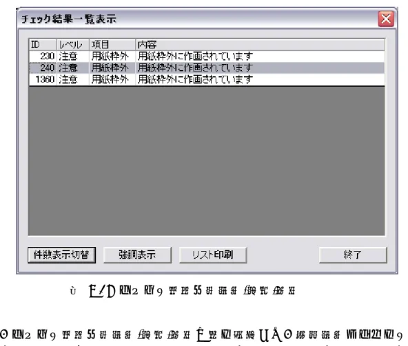 図  5 - 4  チェック結果一覧表示(詳細)画面  また、チェック結果一覧表示 (詳細)画面で行を選択して、強調表示ボタンをクリッ クすると、選択されたフィーチャがメイン画面上で強調表示されます。複数行の同時 選択も可能です。強調表示できる項目は、表 5-5 のとおりです。  表  5-5 強調表示機能が利用できる項目  「強調表示」できる項目  「強調表示」できない項目（参考） ・重複図形 ・ショートベクトル ・線色 ・線種 ・フォントサイズ ・用紙枠外 ・背景同色 ・文字配置 ・図面サイズ・線幅・レ
