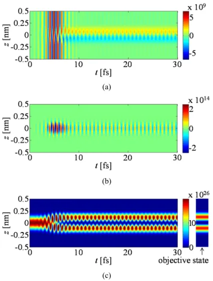 FIG.  3.7.  The  spatiotemporal  propagation  of  the  z  component  of  the  electric  field  E z   [(a)],  the  polarization current density J z  [(b)], and the probability density of the electron wave packet | | 2 [(c)] obtained by the Maxwell-Schröding