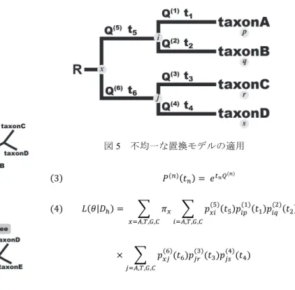 図 4   部分木剪定・接木による山登り法 次に,  初期系統樹のある部分木（部分枝）を刈り取り別の 場所へと接合することで,  幾つかの樹形を提案する.  これ らの樹形についても尤度をそれぞれ最大化し,  提案樹形の 中で最も大きな尤度をもつ樹形を選択する 