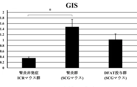 図 5  腎糸球体の組織評価    GIS では腎炎群において、腎炎非発症 ICR マウス群よりも高値を示し  (P=0.013) 、 SCG マウスが腎炎を起こしていると考えら れた。腎炎群と DFAT 投与群の比較では、 DFAT 投与群で低下傾向であったが、有意差を認めなかった。しかし腎炎群では細 胞性半月体形成を認めたが、 DFAT 投与群では半月体形成は抑制されていた。矢印   (        )  は、半月体形成を示している。値 は平均値±標準誤差   ( 腎炎非発症 ICR マウス群   n