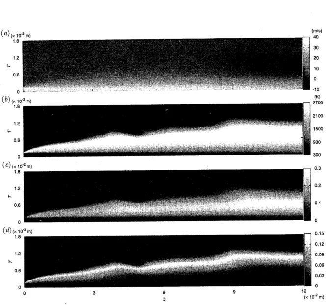 図 2: $t=1.72\cross 10^{-2}\sec$ における燃焼場 . (a) 軸方向速度場, (b) 温度場, (c) 二酸化炭素, (d) 水の各質量分率場 