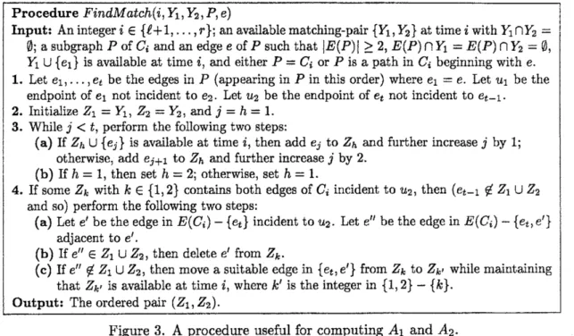 Figure 3 shows a procedure useful for computing an available matching-pair at time $\mathrm{i}$ that covers the vertices of a given subgraph $P$ of $C_{i}$ .