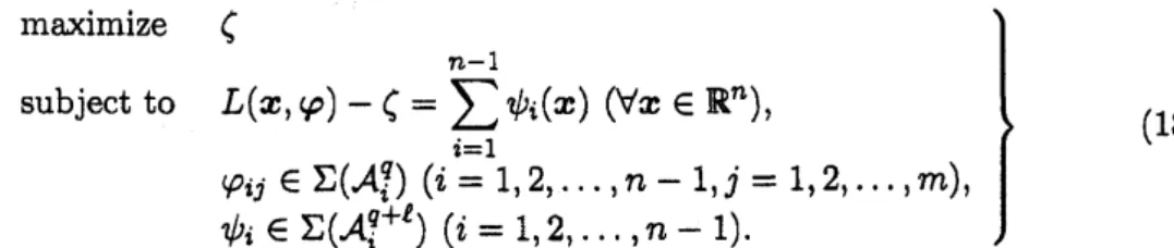 Table 4 shows some numerical results ffom the three SOS relaxations (16), (17) aatd (18) of the POP (15) with $m=n$ , $P=3$ and dimension $n\in\{3,4,5,6\}$ 