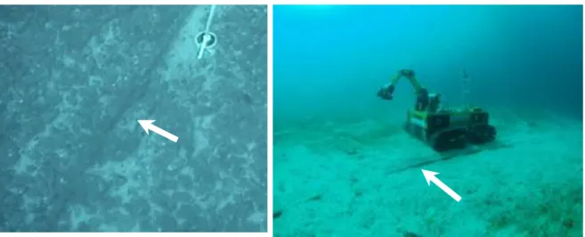 図 3-2-14  左：岩盤上のケーブル、右：砂地盤上のケーブルと Deep Crawler 