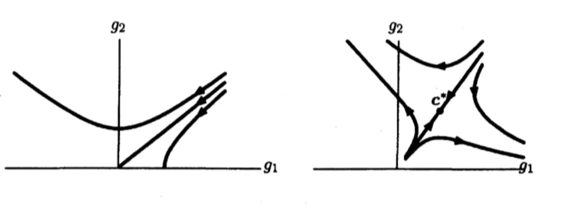 FIG. 5: (a) Schematic trajectories for the original RGE of the XY model. (b) Those for the deformed RGE of the XY model.