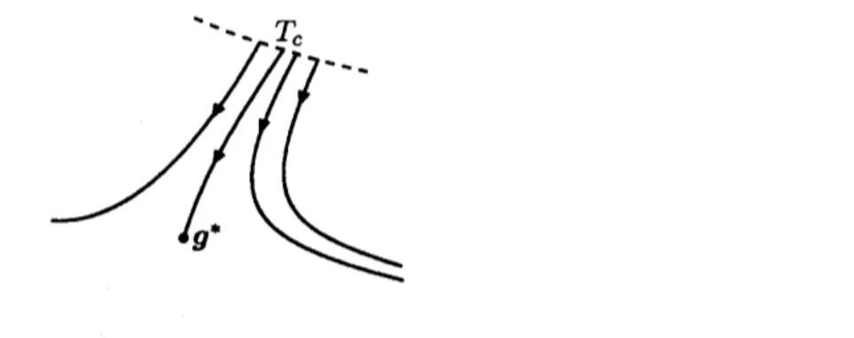 FIG. 1: Typical RG trajectories near a phase transition. As $T$ Changes, an initial value moves on the dashed line