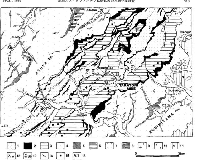 Fig.  2  Geological  map  of the  Takatori  Sn-W  mine  and  its  surrounding  area  (after  M.I.T.I.,  1987)